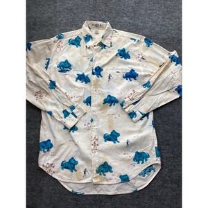Vintage HEET Sportswear Dinosaur Print Button Down Shirt Mens L Blue Triceratops